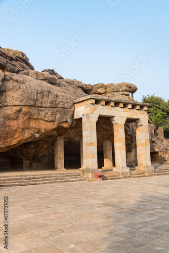 Rani Gumpha or cave of the queen"in udayagiri and khandagiri Caves bhubaneswar odisha India. Rani gumpha is a rock-cut two storied cave and it was built in the 2nd century BC by king kharavela.