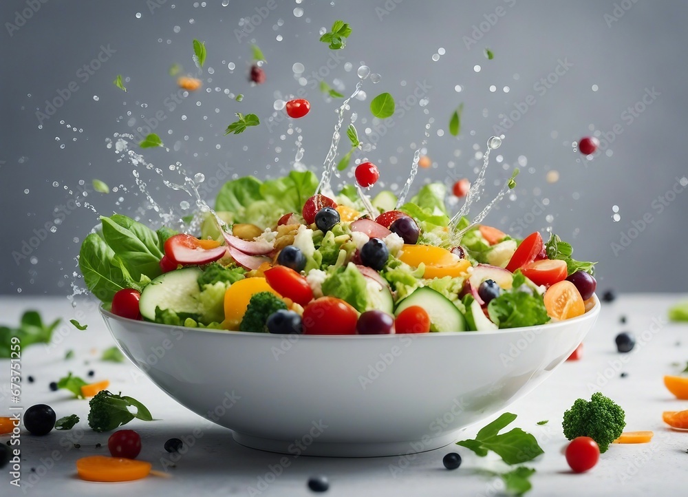 healthy and delicious salad bowl, exploding ingredients, copy space for text healthy and delicious salad bowl, exploding ingredients, copy space for text