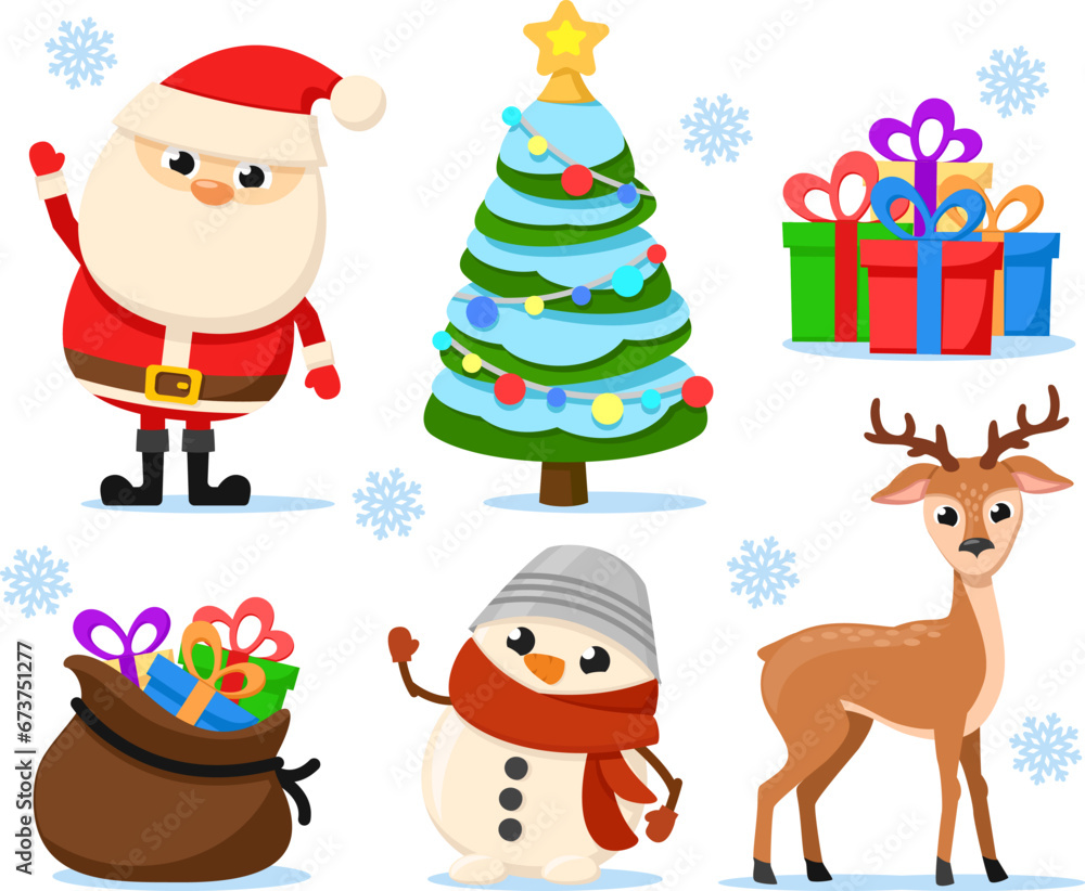 Set of Santa Claus, reindeer and snowman closeup on a white background. Christmas