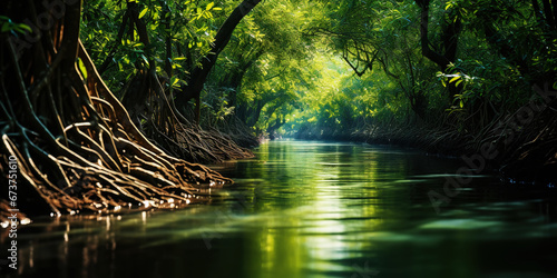Mangrove forest and calm river in the morning. Minimalist landscape. Generative AI