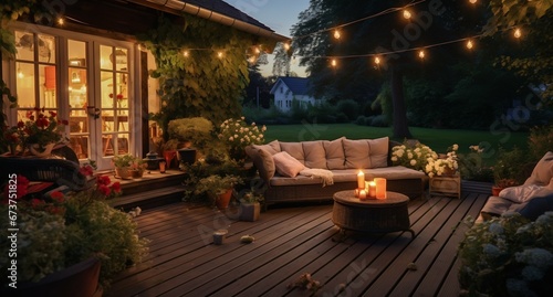 Suburban Serenity: Summer Evening Patio with Garden Lights and Wicker Decor. Generative ai