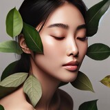 Photo beautiful fresh girl with perfect skin natural makeup and green leaves beauty face photo taken in the studio