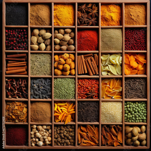 Collection of different aromatic spices and seeds in a wooden cells on black background, view from above. Generative AI
