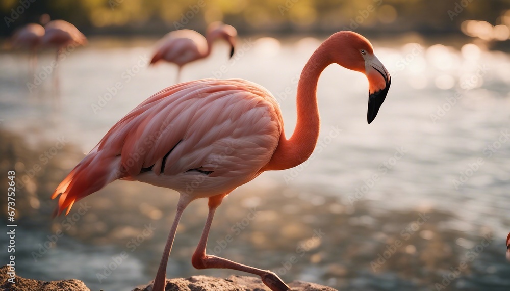 Fototapeta premium portrait of Flamingo standing at the river, summer time, other flamingos are blurry at background 