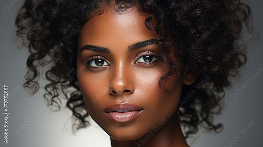 Close-up of african model. Make-up, smooth skin, curly hair. Fashion, editorial concept. Close-up of african model. Make-up, smooth skin, curly hair. Fashion, editorial concept.
