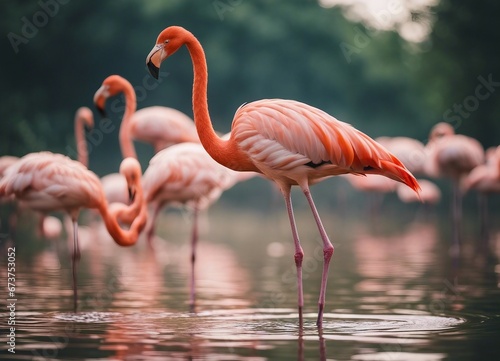 portrait of Flamingo standing at the river  summer time  other flamingos are blurry at background  