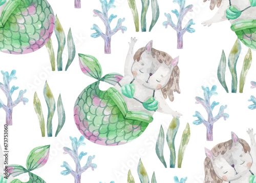 seamless pattern with fairytale green cat mermaid with fish tail. Childish endless background. Under the sea. Deep underwater life. Coral reef
