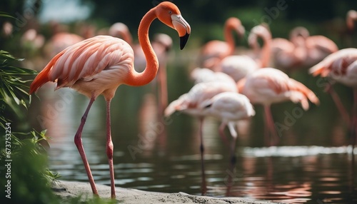 portrait of Flamingo standing at the river, summer time, other flamingos are blurry at background

