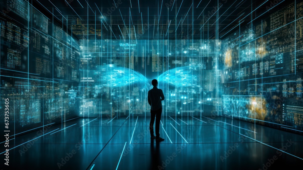 Data analyst in a blue futuristic control room Data analyst in a blue futuristic control room