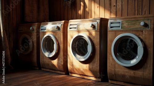 Modern washing machines in a wooden interior photo