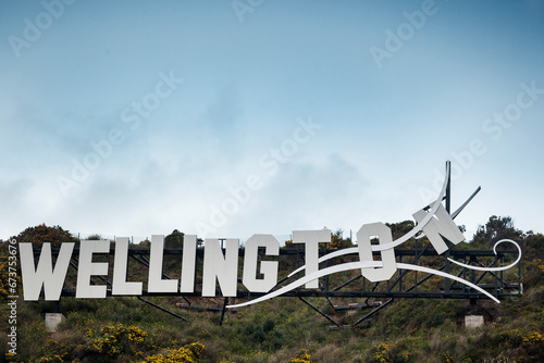 The windswept Wellington sign in Miramar, New Zealand photo