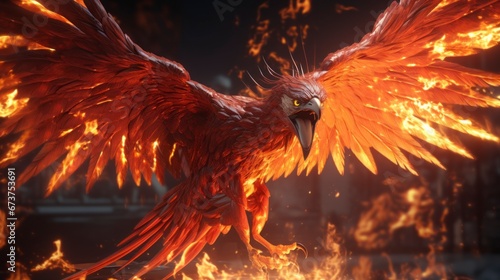 A photorealistic image of a burning phoenix bird with wings spread in a dark landscape