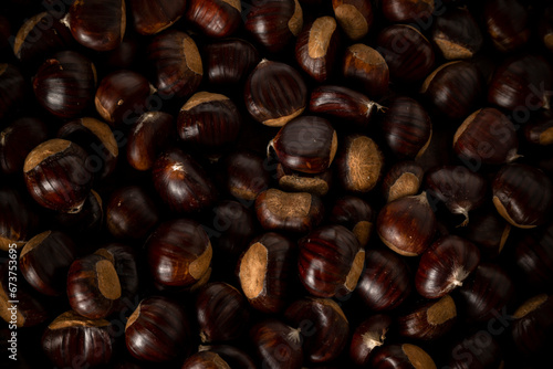 Close up view of chestnuts, agricultural harvest concept. Healthy, seasonal food 