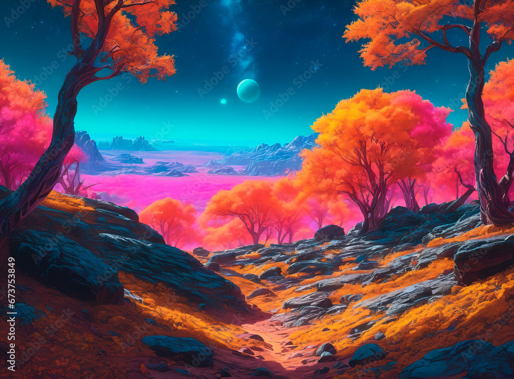 Fantasy landscape with mountains, trees and sunset.