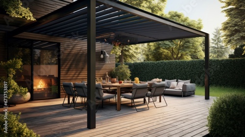 Modern outdoor patio with pergola awning living room and garden