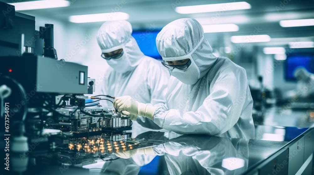 Engineers working in microchip factory Engineers working in microchip factory