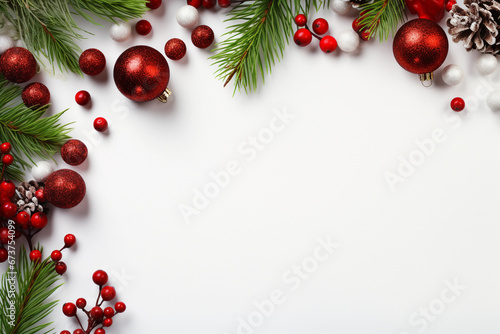 Chistmas ornaments on white wooden background with copy space for text, Invitation card template