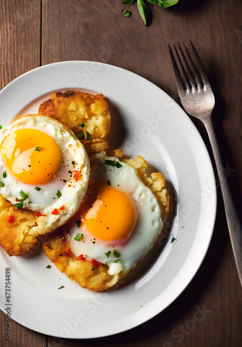 Fried eggs on toast on a wooden background.