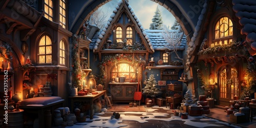 Vista di una casa tra la neve, di sera, luce lunare, notte di Natale