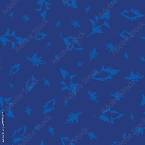 Abstract modern style leaf seamless vector pattern background. Textural blended leaves backdrop. Monochrome tossed design. Nature foliage repeat. Scattered cobalt blue all over print.