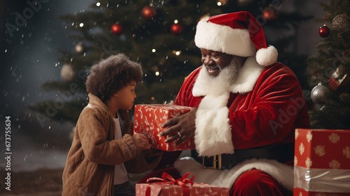 Babbo Natale afro consegna regalo a bambino felice  photo