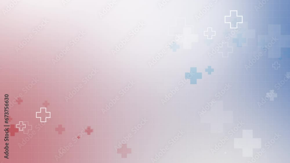 Red and blue gradient medical background with grid and crosses. Healthcare screensaver. Copy space. Looped animation. Red and blue gradient medical background with grid and crosses. Healthcare screensaver. Copy space. Looped animation.