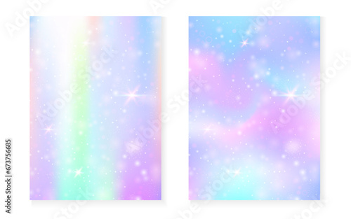 Rainbow background with kawaii princess gradient. Magic unicorn hologram.