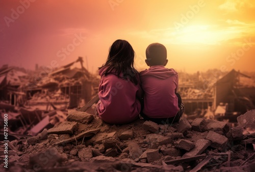 child looking down at a destroyed city after an earthquake or war