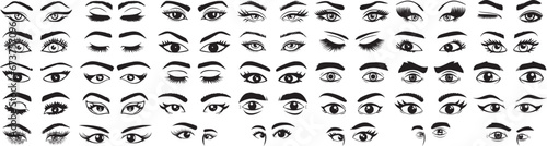 Set of different human eyes silhouette. Eye shapes with eyelash. Hand drawn Eyebrow  vector illustration 