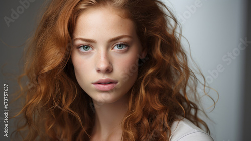 Close-up portrait of model. Make-up  freckle skin. Natural light. Fashion  editorial concept.