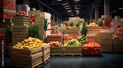 Ripe juicy fruits in a container. Production facilities of large warehouse - grading, packing and storage of crops. © Planetz