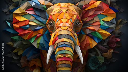 Multicolor geometric illustration of a elephant. Colourful poly graphic on black background.