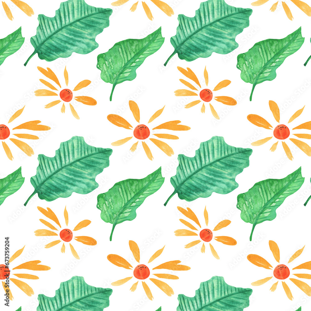 Seamless pattern of elements with springflowers and leaves. Hand drawn watercolor illustration isolated on white background