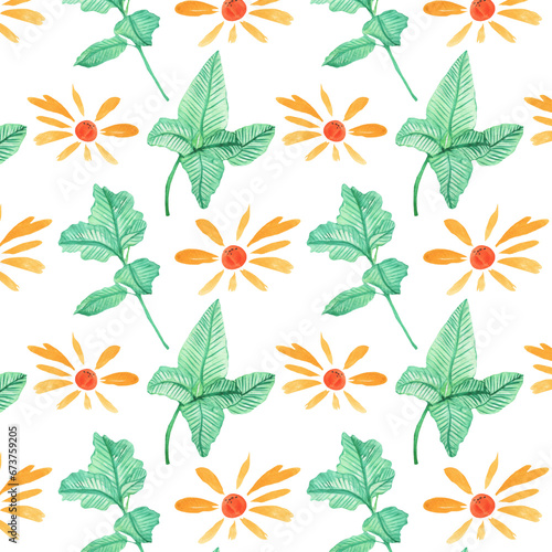 Seamless pattern of elements with springflowers and leaves. Hand drawn watercolor illustration isolated on white background