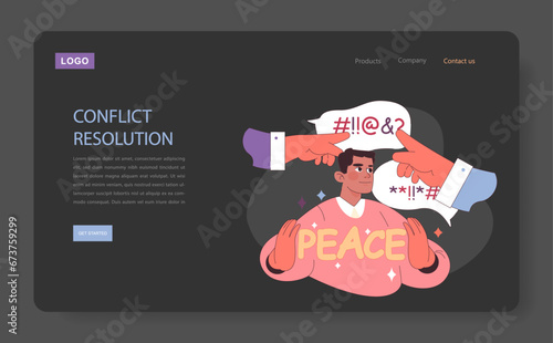 Emotional intelligence dark mode or night mode web banner or landing page. Conflict resolution skill. Man resolve a confrontation. Negotiation and mediation skill. Flat vector illustration