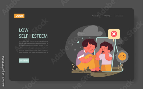 Neglected child' low self-esteem nighmode or darkmode web banner or landing page. Sad boy looking at his reflection in the mirror. Absence or lack of parental responsiveness. Flat vector illustration