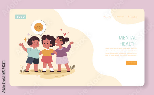 Little preschool children friendship web banner or landing page. Positive impact of father' involvement on child' mental health. Engaged or committed fatherhood. Flat vector illustration.