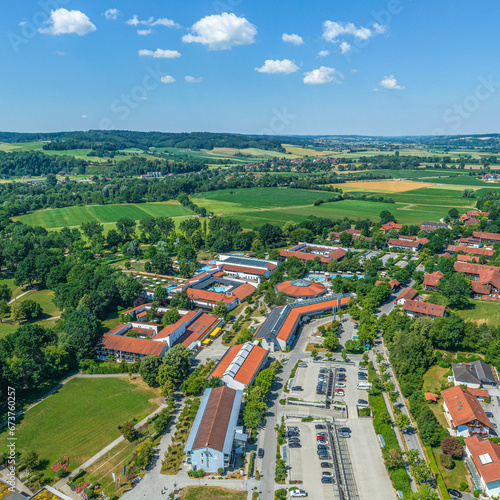 Das Kurzentrum der Germeinde Bad Birnbach im Niederbayerischen Bäderdreieck aus der Luft photo