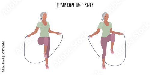 Senior woman doing jump rope high knee exercise
