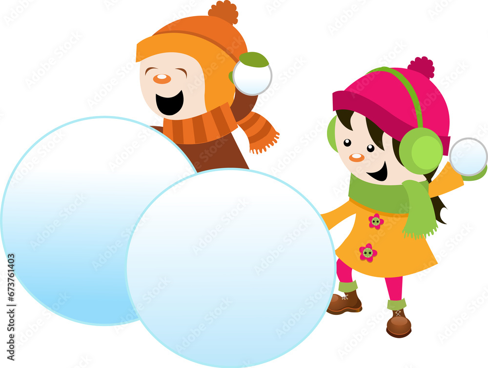 Fototapeta premium Cute Little Kids Playing With Snowball