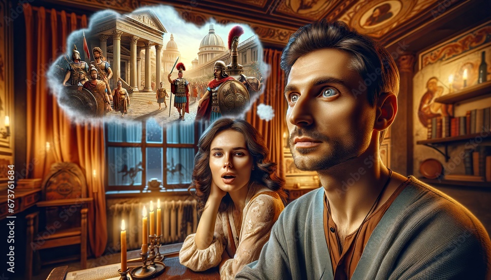 Woman gazes in awe at man lost in thoughts of Rome, a blend of past and present