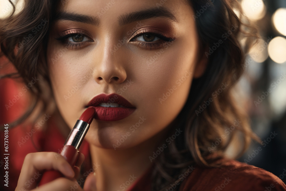 Close up of beautiful young woman applying lipstick. Generative AI. Close up of beautiful young woman applying lipstick. Generative AI.