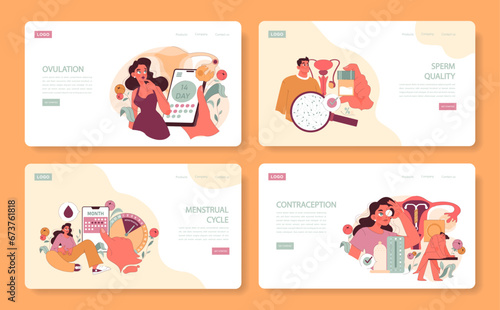 Reproductive Health set. Curious woman tracks ovulation on her phone, a man learns about sperm quality, understanding menstrual cycle, and options for contraception. Insightful educational visuals.
