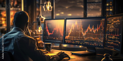 Finance trade manager analyzing stock market indicators for best investment strategy, financial data and charts