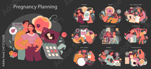 Vector illustration highlighting pregnancy planning. Displays stages like ovulation, fertility, and tools like contraception, genetic screening. A vivid glimpse into the parenthood journey.