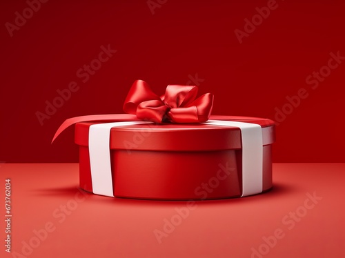 Red Ribbon Gift Box on Crimson Background. Realistic Rendering.