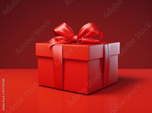 Realistic Gift Box with Red Ribbon on Deep Red Backdrop.