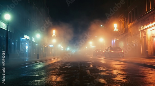  Empty dark city street with horror atmosphere. Night scene with fog without people  Wet asphalt  reflection of neon lights  a searchlight  Abstract light in a dark empty street with color smoke