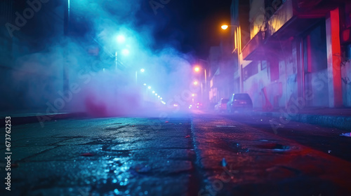  Empty dark city street with horror atmosphere. Night scene with fog without people, Wet asphalt, reflection of neon lights, a searchlight, Abstract light in a dark empty street with color smoke