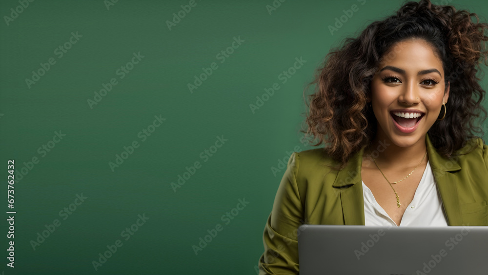 Young happy Latin woman winner holding a laptop isolated on a green background. Excited euphoric female model using computer winning online celebrating new great job offer with yes gesture concept. Young happy Latin woman winner holding a laptop isolated on a green background. Excited euphoric female model using computer winning online celebrating new great job offer with yes gesture concept.